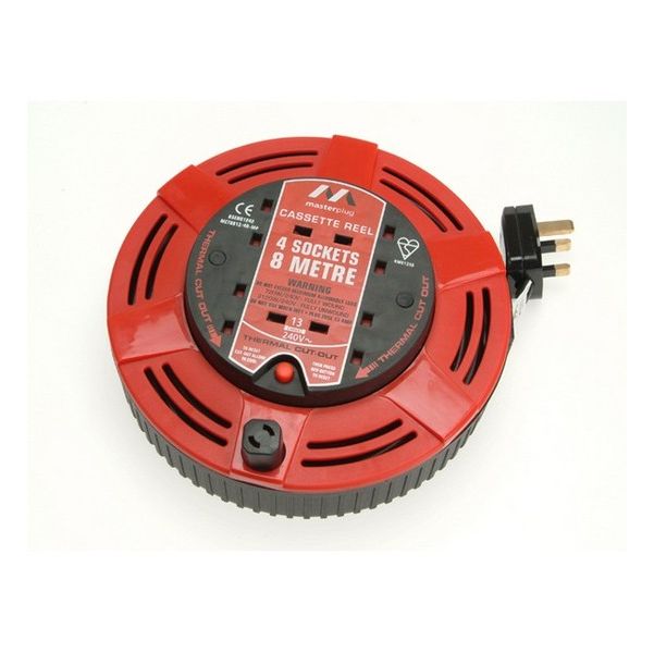 Masterplug Cassette Reel 8 Metre 13 Amp 4 Socket Thermal Cutout Red