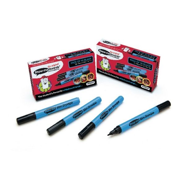 Show-me Fine Point Slim Barrel Drywipe Marker, Black, Pack of 10