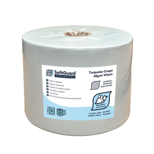 SoftGuard® Turquoise Crepe 68gsm Wipes, 24cm x 38cm, 800 Sheet Roll