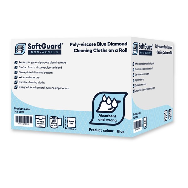 SoftGuard® Poly-viscose Diamond Cleaning Cloths on Roll, 24cm x 36cm, Blue