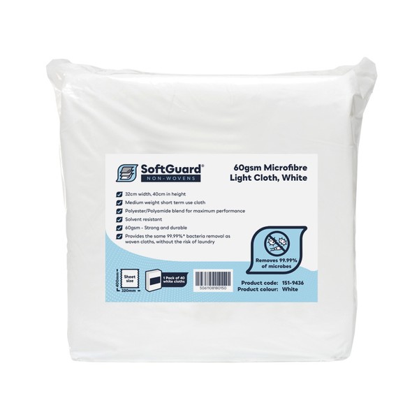 SoftGuard® 60gsm Microfibre Light Cloths, 32cm x 40cm, White